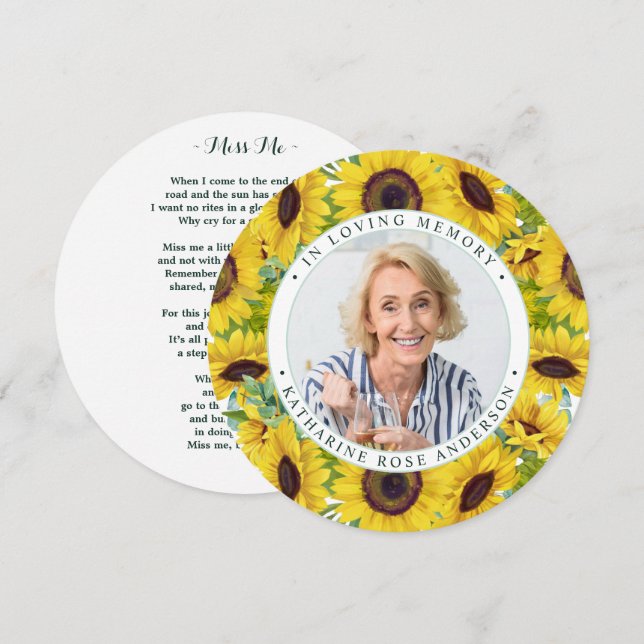 Memorial Funeral Tarjeta de Oración Girasol Floral (Anverso / Reverso)