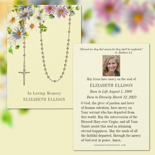 Memorial funerario Oración Floral Rosario (Traditional Catholic Funeral Memorial Prayer Card with the Holy Rosary and Spring Flowers)
