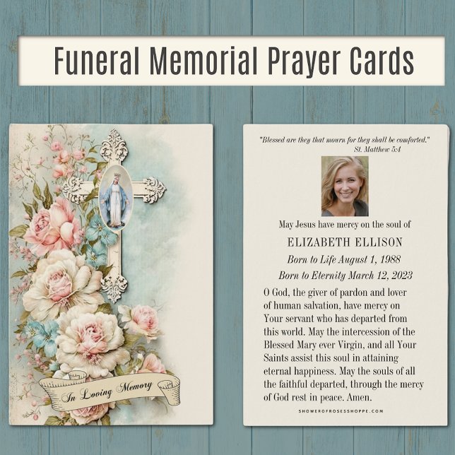 Memorial funerario Oración Virgen María Cartas (Catholic Funeral Memorial Prayer Cards with the Blessed Virgin Mary and vintage flowers. )