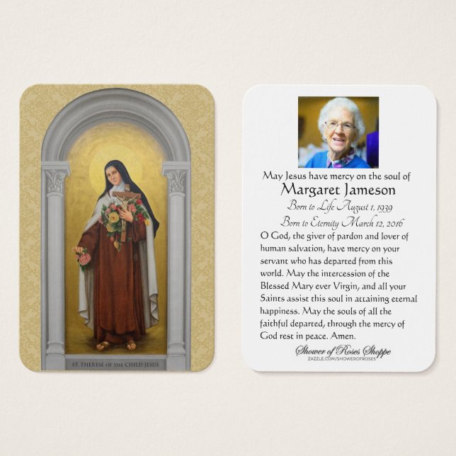 Memorial funerario Santo Card St. Therese Lisieux (Anverso y reverso)