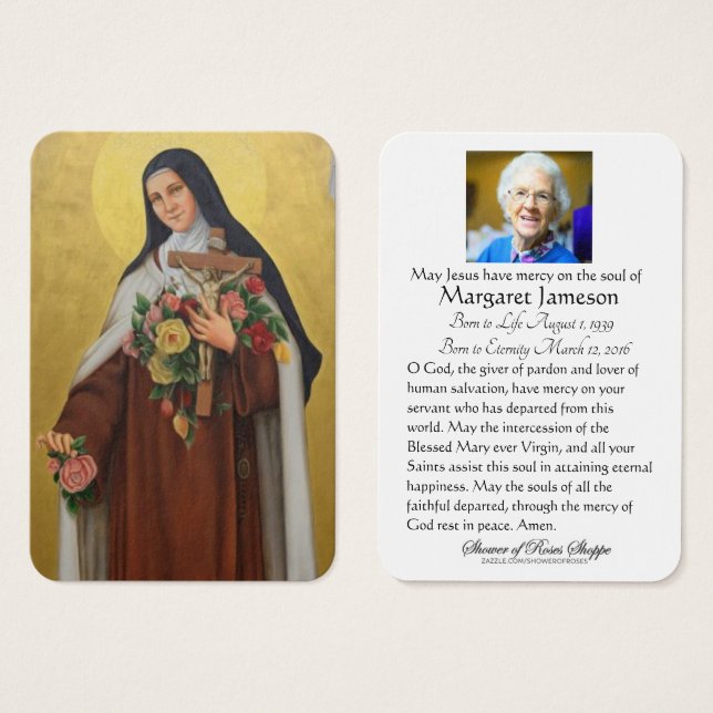 Memorial funerario Santo Card St. Therese Lisieux (Anverso y reverso)