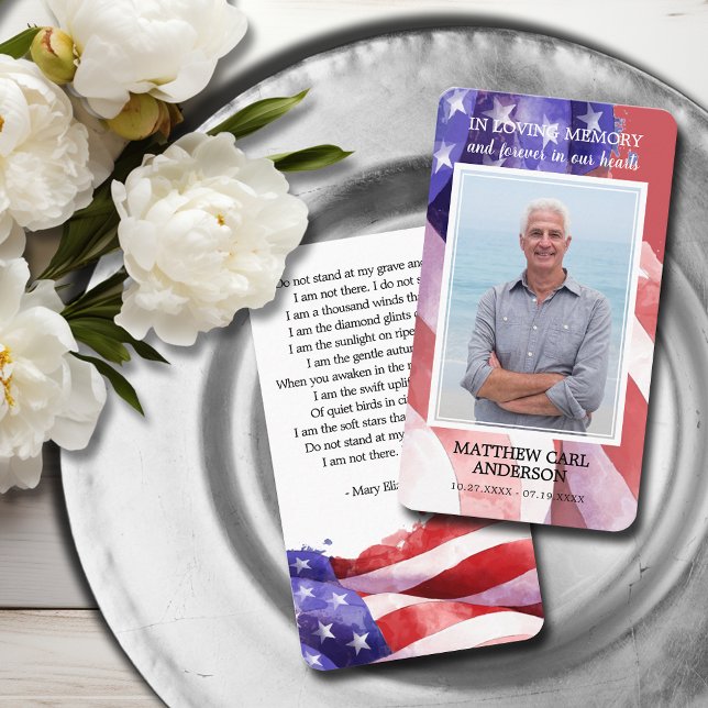Memorial funerario simple foto tarjeta de oración  (United States flag funeral photo memorial prayer cards with a poem on the back)