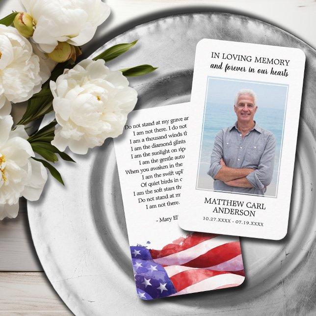 Memorial funerario simple foto tarjeta de oración  (United States flag funeral photo memorial prayer cards with a poem on the back)