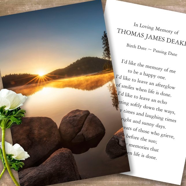 Memorial funerario Tarjetas de simpatía de la orac (sunset, sunrise, lake, celebration of life, in loving memory of, prayer cards for bereavement)