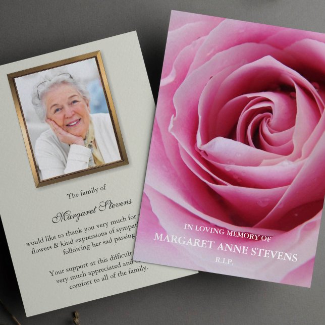 Memorial Photo Sympathy Funeral Gracias Tarjeta (Pink Sugar Rose Sympathy Memorial Funeral Thank You Card)
