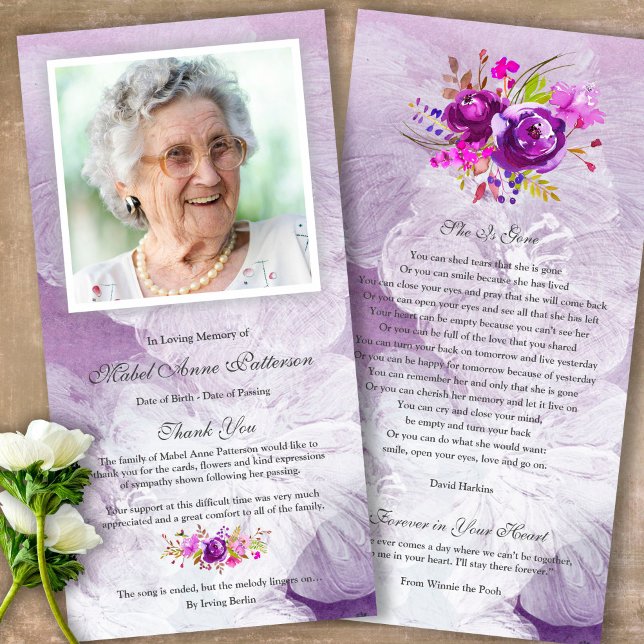 Memorial Purple Sympathy Funeral Gracias Tarjeta (Sympathy Photo Celebration of Life, In Loving Memory, Forever in our Hearts Funeral thank you cards)