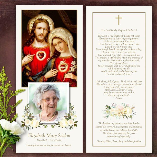 Memorial Sacred Hearts Funeral Gracias Tarjeta (Catholic, Religious, Celebration of Life, In Loving Memory of, Forever in our hearts, funeral cards)