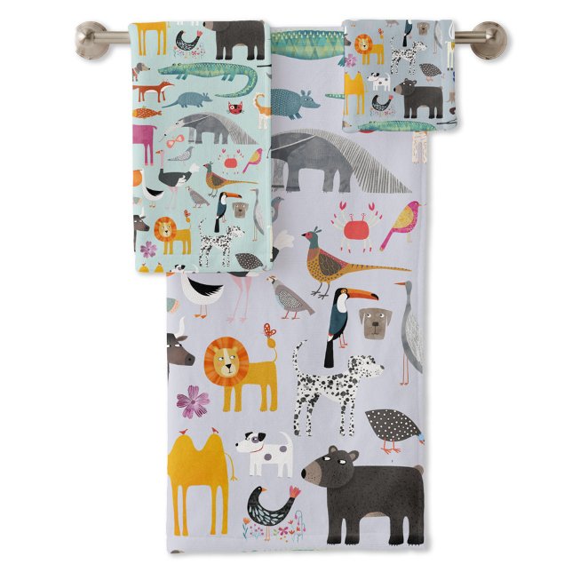 Menagerie animal (Fun animal menagerie with wild, safari, zoo and pet animals and birds pattern towel set)