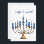 Menorah con velas quemadas tarjeta Hanukkah feliz<br><div class="desc">Menorá color agua con velas azules encendidas delante y Estrella de David detrás. Feliz Hanukkah y saludos en la espalda pueden ser cambiados. Gráfico asistido por IA adquirido con uso comercial. Material gráfico: CosmicMeta</div>