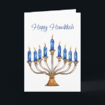 Menorah con velas quemadas tarjeta Hanukkah feliz<br><div class="desc">Menorá color agua con velas azules encendidas delante y Estrella de David dentro. Feliz Hanukkah y saludos adentro pueden ser cambiados. Gráfico asistido por IA adquirido con uso comercial. Material gráfico: CosmicMeta</div>