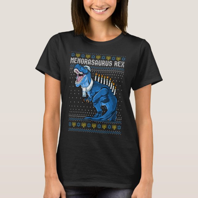 Menorasauro Rex Ugly Hanukkah Sweater Dinosaur Re (Anverso)