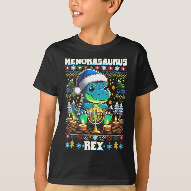 Menorasaurus Rex Dino Trex Suéter Feo de Navidad (Anverso)