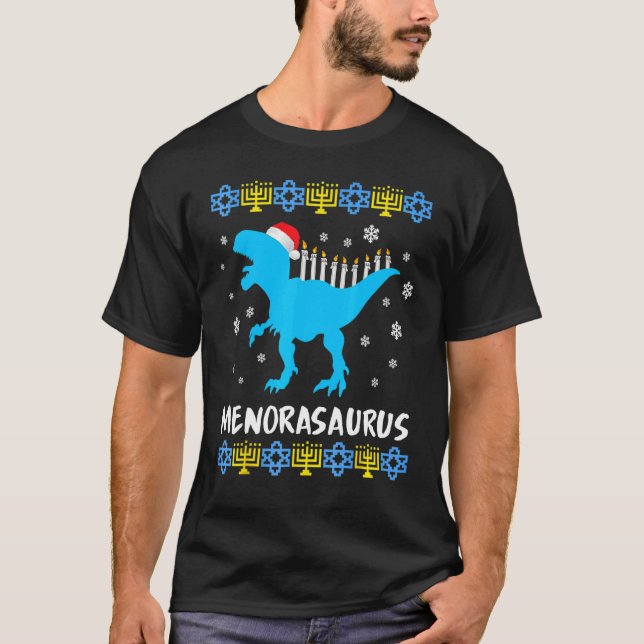 Menorasaurus Rex Ugly Hanukkah Sweater Dinosaur Re (Anverso)
