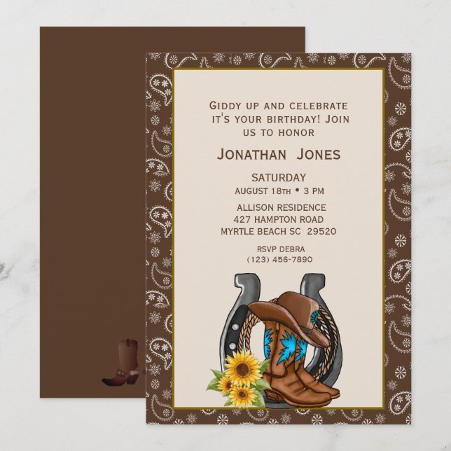 Mens Cowboy Boots Horseshoe Invitación al cumpleañ (Anverso / Reverso)
