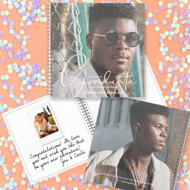 Mensaje de graduación y libro instantáneo de invit (CHOOSE your page style, spine color, soft or hard cover and add a personal message on the back.)