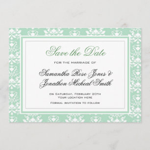 Menta e invitación blanca de la boda del damasco