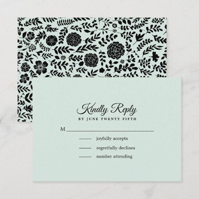 Menta | Tarjeta RSVP de boda floral negra (Anverso / Reverso)