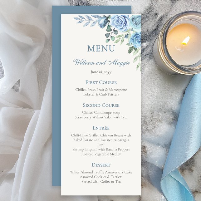 Menú 25th Wedding Anniversary Blue Floral Elegant (Elegant blue floral 25th anniversary menu card for formal dinner settings)