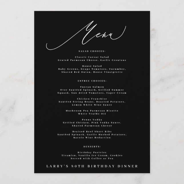 Menú 5 x 7 Elegante Cumpleaños Caligrafía Blanco Negro (Anverso)