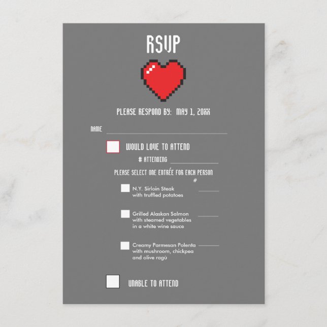 Menú 8 BIT RSVP para Geek Gamer Boda (Anverso)