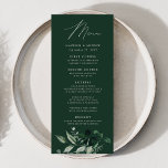 Menú Abundant Greenery Dinner Boda<br><div class="desc">Elegante menú de bodas con menú presentado en un guión moderno de caligrafía con un ramo de eucaliptos, helechos y otros ricos paisajes que se muestran a continuación sobre un fondo verde oscuro. Personalice el menú botánico del boda con sus nombres, fecha boda y menú para la cena. El sencillo...</div>