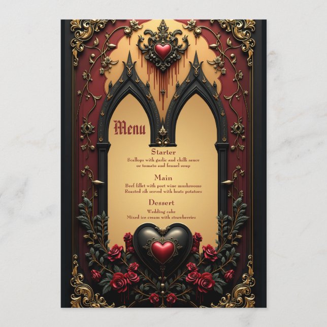 Menú Acentos dorados, rosas rojas y un corazón: (Anverso)