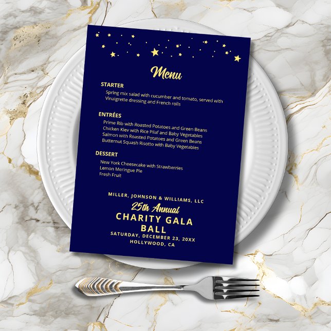 Menú Acontecimiento de la Compañía de Bola de Gala de C (Charity Gala Ball Company Event Menu in Navy Blue and Gold, Gold Stars, Menu Choices, Event Details.)