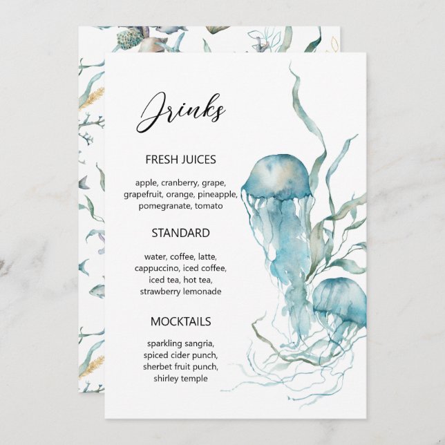 Menú Acuarela Bajo el Mar Medusas Arrecife de Coral Men (Anverso / Reverso)