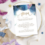 Menú acuarela de tema celeste de nuestras estrella<br><div class="desc">Disfrute de este magnífico menú de temática celeste con magníficas manchas de agua suave flotando y constelaciones celestes alrededor del mundo tanto en frente como en la parte trasera. Detalles modernos de caligrafía escrita a mano tanto en el frente como en la parte posterior. El menú de la parte delantera...</div>
