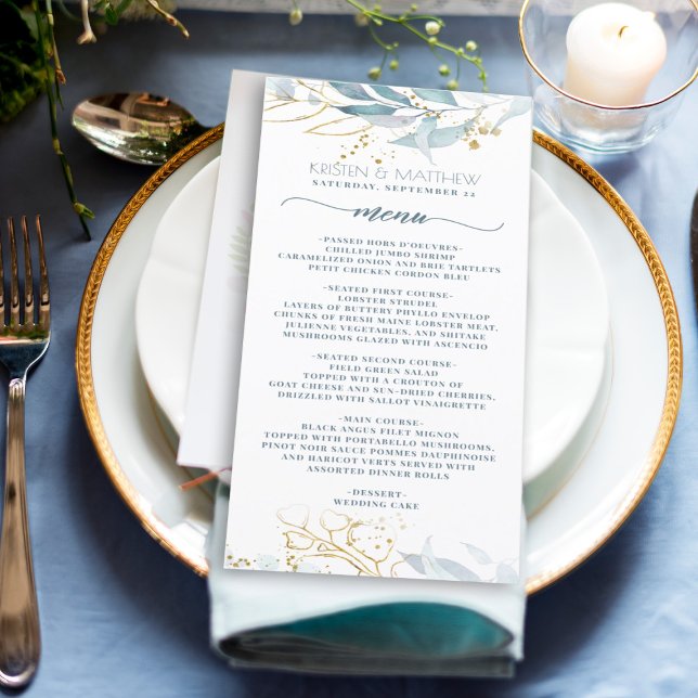 Menú Acuarela Dusty Blue Floral Gold Elegant Wedding (Elegant dusty blue greenery with gold accent makes this the perfect menu for your boho wedding)