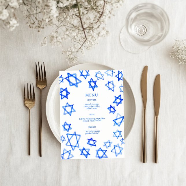 Menú Acuarela Estrella de David Bar Mitzvah Azul (Watercolor Blue Star of David Bar Bat Mitzvah Jewish Wedding Custom Menu
)