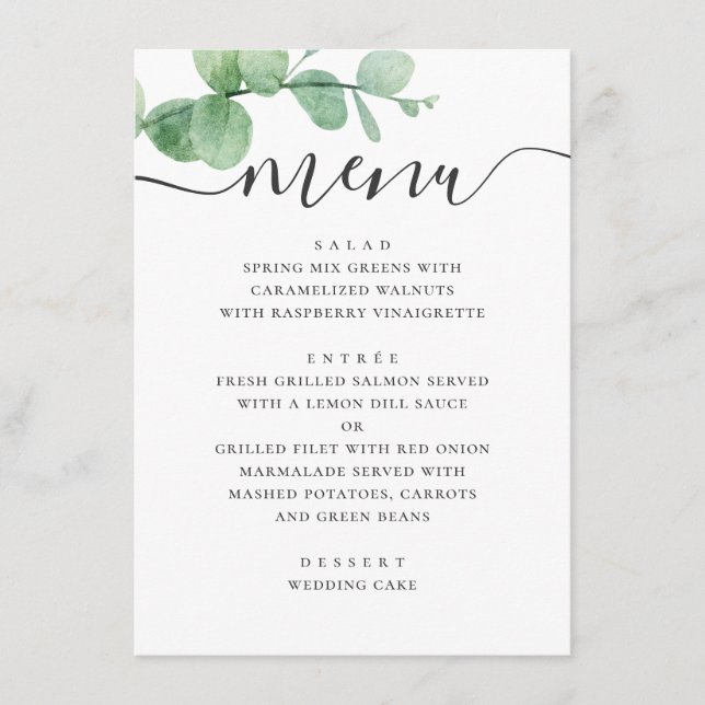 Menú Acuarela eucalipto. Boda elegante con letra script (Anverso)