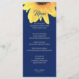 Menú Acuarela girasoles azul oscuro Boda Minimalista