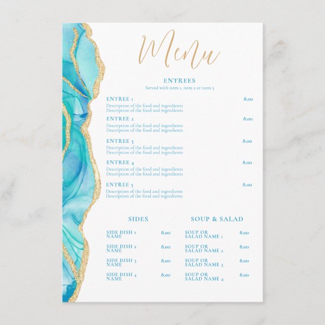 Menú Acuarela Restaurante Elegante De Agate Azul Blanco (Anverso)
