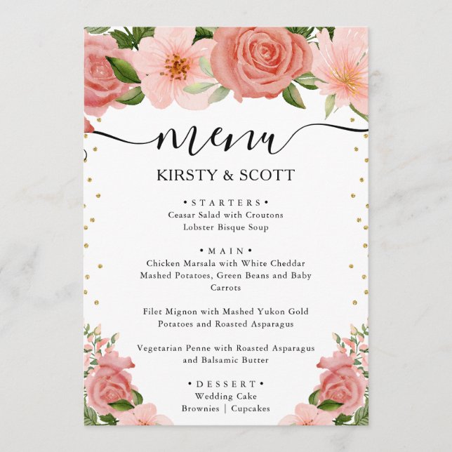 Menú Acuarela Rosas Rosas Flores Boda (Anverso)