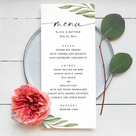 Menú Acuarela verde flora follaje guión boda