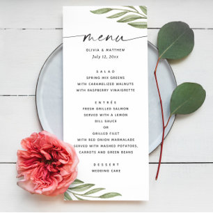 Menú Acuarela verde flora follaje guión boda