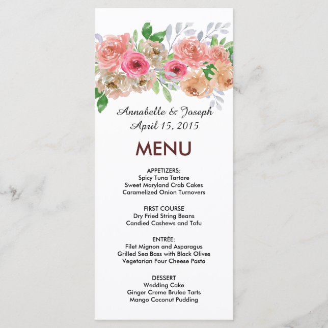Menú acuarelas Florales Botánico Moderno Boda (Anverso)