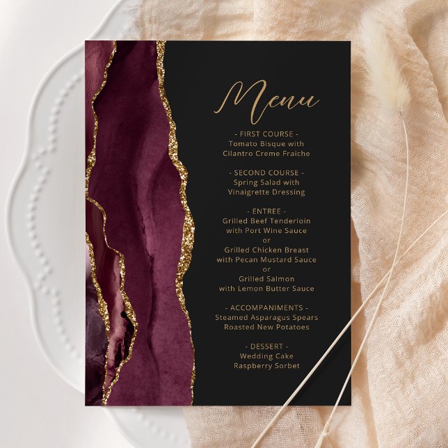 Menú Agate Burgundy Gold Script Dark Boda (Subido por el creador)