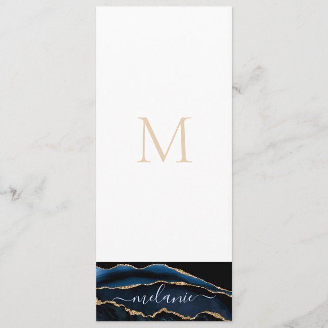 Menú Agate Navy Blue Gold Gemstone Marble Monograma (Anverso)