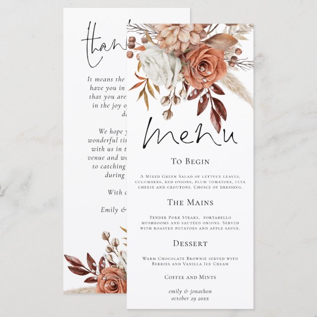 Menú Agradecimiento de boda otoñal con flores rústicas (Anverso / Reverso)