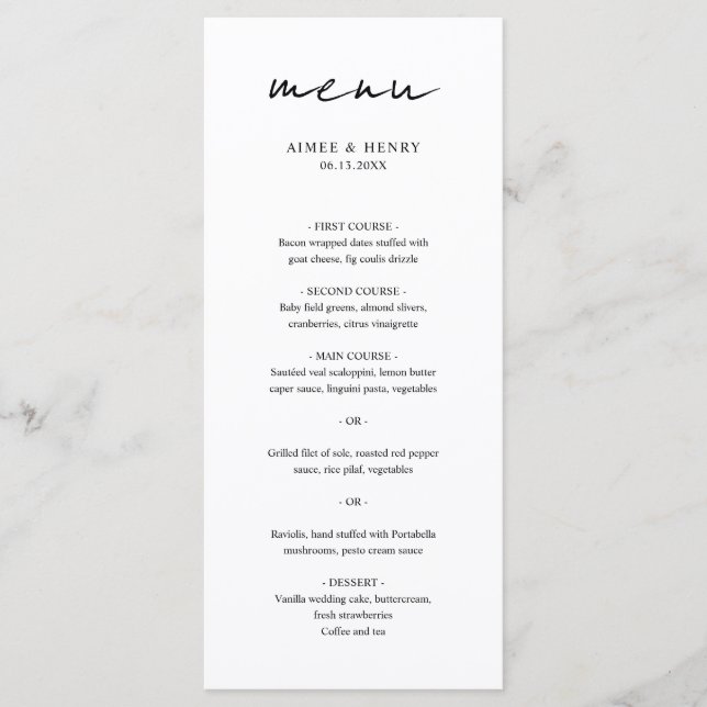 Menú Aimee Rustic Script Moderno Boda (Anverso)