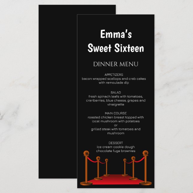 Menú Alfombra Roja Elegante Hollywood Sweet 16 Cumpleañ (Anverso / Reverso)