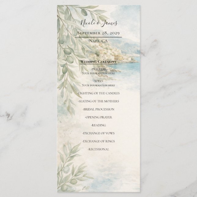 Menú Amalfi Reverie Mediterranean Coast Wedding Program (Anverso)