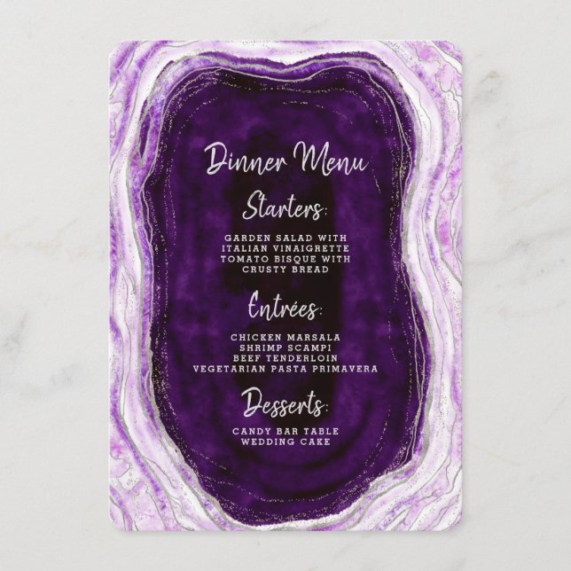 Menú Amethyst Purple & Silver Geode Agate Cena de Mármo (Anverso)