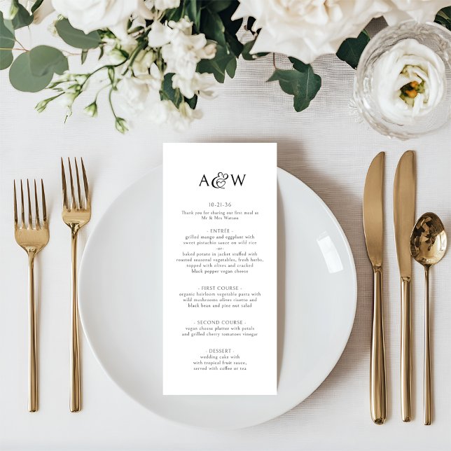 Menú Ampersand Monograma Boda blanco y negro (Wedding Menu - Bride & Groom Monogram Initials with Decorative Heart Ampersand.)