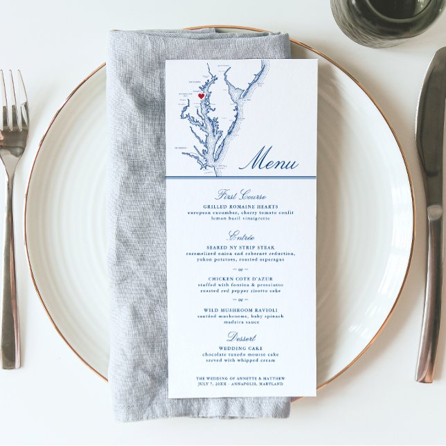 Menú Anápolis Mapa de la Bahía de Chesapeake Elegante g (These Chesapeake Bay Wedding Menus in Navy Blue are perfect for your Annapolis destination wedding)