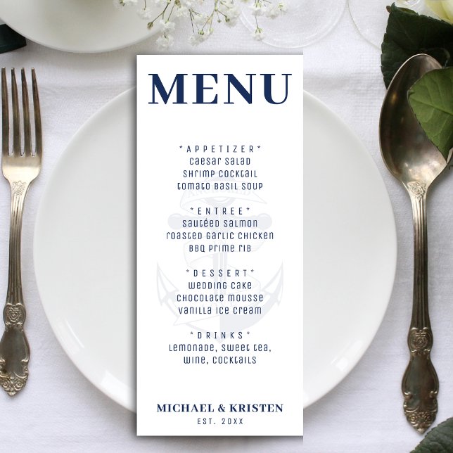 Menú Anclado por amor Boda de Anclaje Náutico Blanco (Anchored in Love White Nautical Anchor Wedding Menu
)
