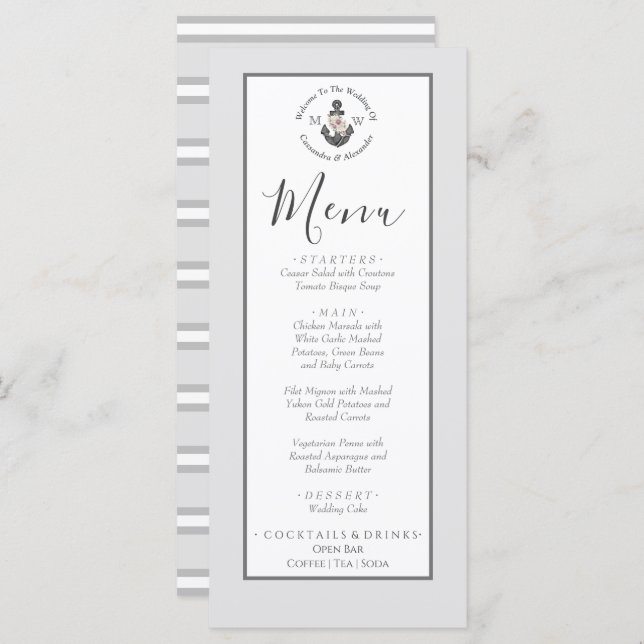 Menú Anclaje floral de temática nautica gris plate (Anverso / Reverso)