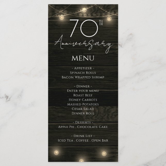 Menú Aniversario boda 70.ª Madera y Luces Rústicas (Anverso)